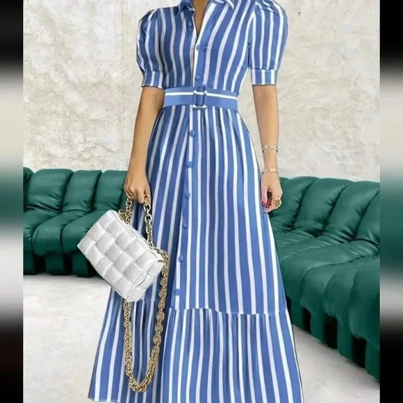 Striped Print Ruffle Hem Belted Shirt Dress - Picture 2 of 4